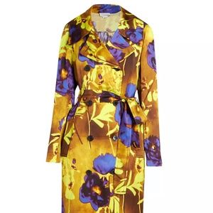 Dries Van Noten Women's Floral Satin Double-Breasted Yellow Trench Coat